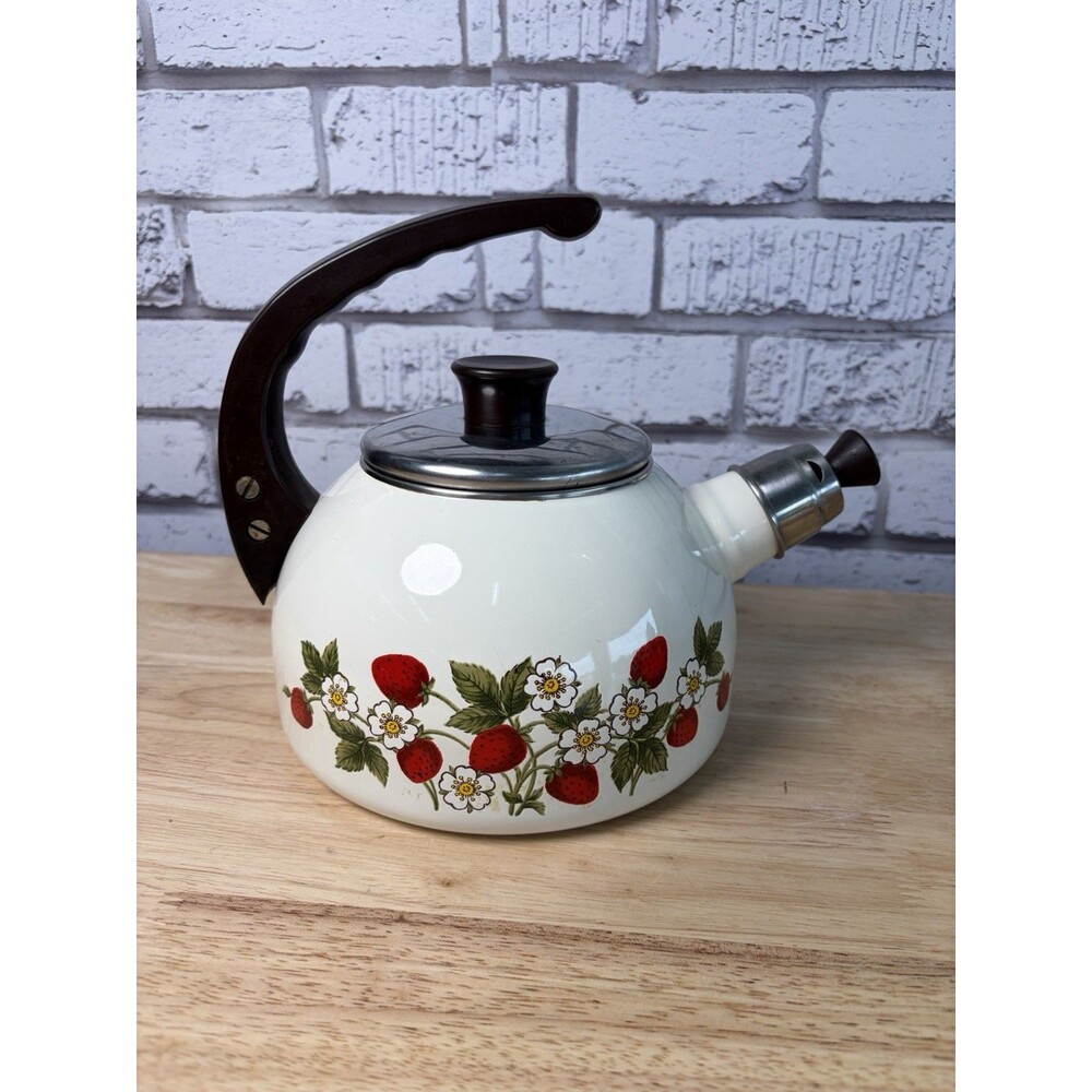 Vintage Strawberry Enamel Whistling Tea Kettle Farmhouse Kitchen Decor